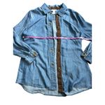 Soft Surroundings  Denim Shirt Brown Trim Brass Details Long Sleeve Women PL Photo 4