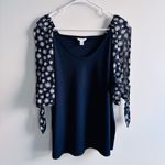 Cato  Size L/XL navy blue ribbed knit top with sheer daisy-print sleeves Photo 1