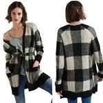 Lucky Brand Plaid Open Front Cardigan Sweater Women's Medium Black White Gray Photo 1