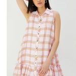 Maeve Flounced Mini Shirt Dress Babydoll Pink Plaid Button Up Summer Preppy Photo 0