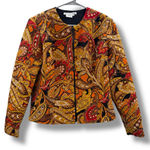 Maggy London  100% Silk Paisley Print Full Zip Jacket‎ Sz 10 Tan, Brown, Orange Photo 0