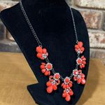 Red Coral cabochon and rhinestone floral statement necklace Photo 3