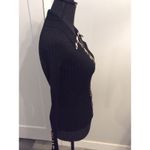 Beldini Black Ribbed Knit Rhinestone and Animal Print Zippered Top Small Photo 4