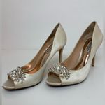 Badgley Mischka 🌸 Ivory Satin Lavender II Crystal Detail Peep Toe Heels Photo 3