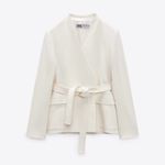 ZARA Women Bloggers Fav Oyster White Linen Blend Belted Business Blazer Size M Photo 5