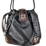Brighton Vintage Black Leather Brown Croc Drawstring Shoulder Bag Handbag Purse Photo 0