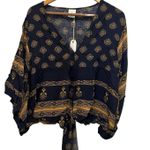 By Together V Neck Front Tie Blouse Top Sz M Blue Gold Kimono Sleeve Boho NEW Photo 2