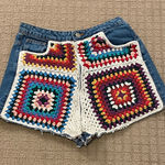 Farm Rio  Colorful Crochet Patchwork Denim Shorts Photo 0