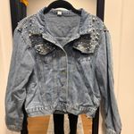 NWOT Wifey Denim Jacket with Pearl Accents Blue Photo 0
