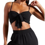 EXPRESS  x Rocky Barnes Black Smocked Bow Tie Front Crop Top Stretchy Size L Photo 0