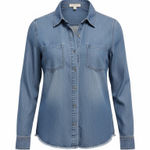 Cloth & Stone  Chambray Blue Button Down Shirt Frayed High Low Hem Medium Cottage Photo 0