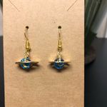 Glittery Blue Saturn Planet Earrings Gold Photo 0