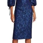 THEIA METALLIC JACQUARD MIDI DRESS Size‎ 4 Cloque Metallic Puff Sleeves $650 Blue Photo 0