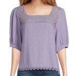 Democracy  Women's 1X Purple Blouse Lace Detail Puff Sleeve Square Neck Photo 0