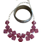 Chunky Beaded Statement Necklace & Woven Bangle Set Rose Gold Tone Pink Photo 0