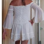 Venus  Lace Bell Sleeve Off Shoulder Dress White Crochet Trim 3/4 Sleeve Mini 10 Photo 2
