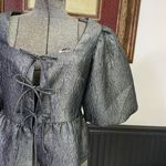 H&M Jacquard-Weave Silver Shimmer Tie-front Balloon Sleeve Blouse - Sz Sm ππ Photo 2