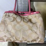 Coach  signature stripe framed carryall khaki satchel with pink leather trim Photo 4