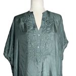 Oysho Silk Embroidered Kaftan Dress Size S Green V Neck Light Slightly Sheer NEW Photo 1