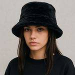 Black Faux Fur Bucket Hat Winter Soft Plush Fuzzy Warm Outerwear Unisex One Size Photo 10