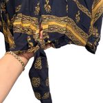 By Together V Neck Front Tie Blouse Top Sz M Blue Gold Kimono Sleeve Boho NEW Photo 4