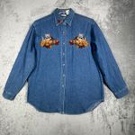 Bobbie Brooks Denim Shirt Women L Blue Embroider Cat Fall Leaves 90s Cottagecore Size L Photo 1