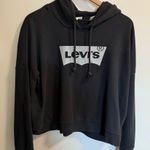 Levi's  Women Black Hoodie Silver Glitter Logo Spellout Slight Cropped Sweatshirt Photo 0