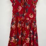 Loft Floral Printed Mini Swing Dress Red Tie Bow Neckline Pockets Womens Medium Photo 0