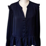HYFVE  Women's Long Sleeve Top Blouse Button Ruffle Peplum‎ Hem Navy Blue Small Photo 0