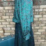 Roxy dress blouson vintage satin mock neck pleated skirt teal green fuchsia pink Photo 7