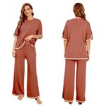 Fashion Knit 2 Piece Set Wide Leg Crop Pant Salmon Cream Trim Women’s Size XL Pink Photo 9