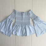 Central Park West Smocked Off the Shoulder Bell Sleeves Top Sz XS Blue White Photo 5