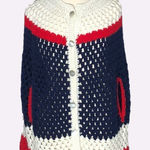 Vintage 80s 90s Crocheted Wool Poncho Cape Red White Blue Large XL Photo 0
