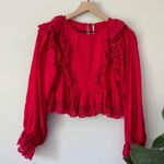 Free People Take it Easy Top Red Ruffle Button Keyhole Lace Peplum Long Sleeve Photo 2
