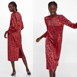 ZARA Woman Red Leopard Print Midi Dress Animal Print Long Sleeve XL Photo 2