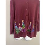 Quacker Factory  Women’s Red Cardigan Sequins Tree Embroidered Long Sleeves Large Photo 2