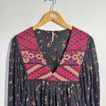 Free People Lady Lou Embroidered Printed Blouse Women M Black Red Boho Aztec Photo 3