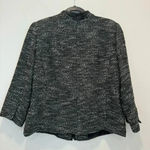 Eileen Fisher  Black White Linen‎ Tweed Leather Trim Zip Front Jacket Size L Photo 3