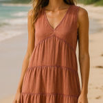 Mustard Seed Sleeveless Tiered Babydoll Mini Dress Rust V-Neck Boho Cotton Small Photo 0