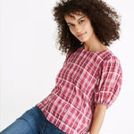 Madewell  Plaid Puff Short Sleeve Blouse Women s Boat Neck Casual Top Sz L Photo 0