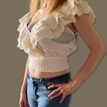 Jennifer Grace Jennifer & Grace Beige Eyelet Lace Ruffle V Neck Blouse - S Photo 0