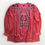 Womens Embroidered Top Blouse Boho Tunic Coral Pink Balloon Sleeve Size L XL Photo 0
