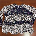 Free People  White and Blue Ruffled Floral Blouse Boho Oversized Small Festival Photo 0