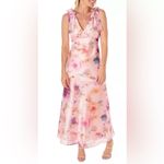 Maison Tara V Neck Pink Watercolor Floral Maxi Dress with Bow Straps size 6 $148 Photo 3