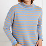 Talbots Metallic Stripe Turtleneck Sweater L Blue Tan Knit Winter Classic Preppy Photo 0