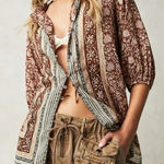 Free People  Bohemian Retro 70s Border Batik Button Down Kimono Shirt Size Large Photo 0