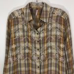 Free People  Embroidered Magical Plaid Buttondown Shirt Size XS Photo 2
