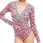 Free People  Intimately Floral Deep V Bodysuit Red Pink Boho Print Size Large EUC Photo 0