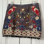 Umgee ‎ Skirt Multi ColorEmbroidered Birds Floral Lined PomPom Women's Sz S Photo 0