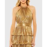 Mac Duggal NWT 30763 Gold High Neck Pleated Tiered Ruffle Metallic Gown Size 12 Photo 2
